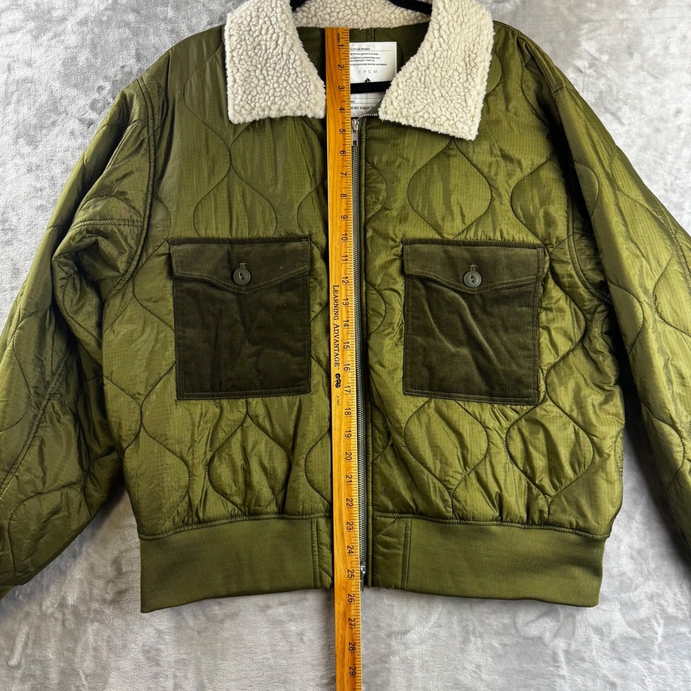 CPCM Quilted Bomber Jacket Unisex L Olive Green Sherpa Collar Corduroy (1768) - Picture 10 of 11